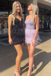 Lavender Lace Feather Short Homecoming Dress